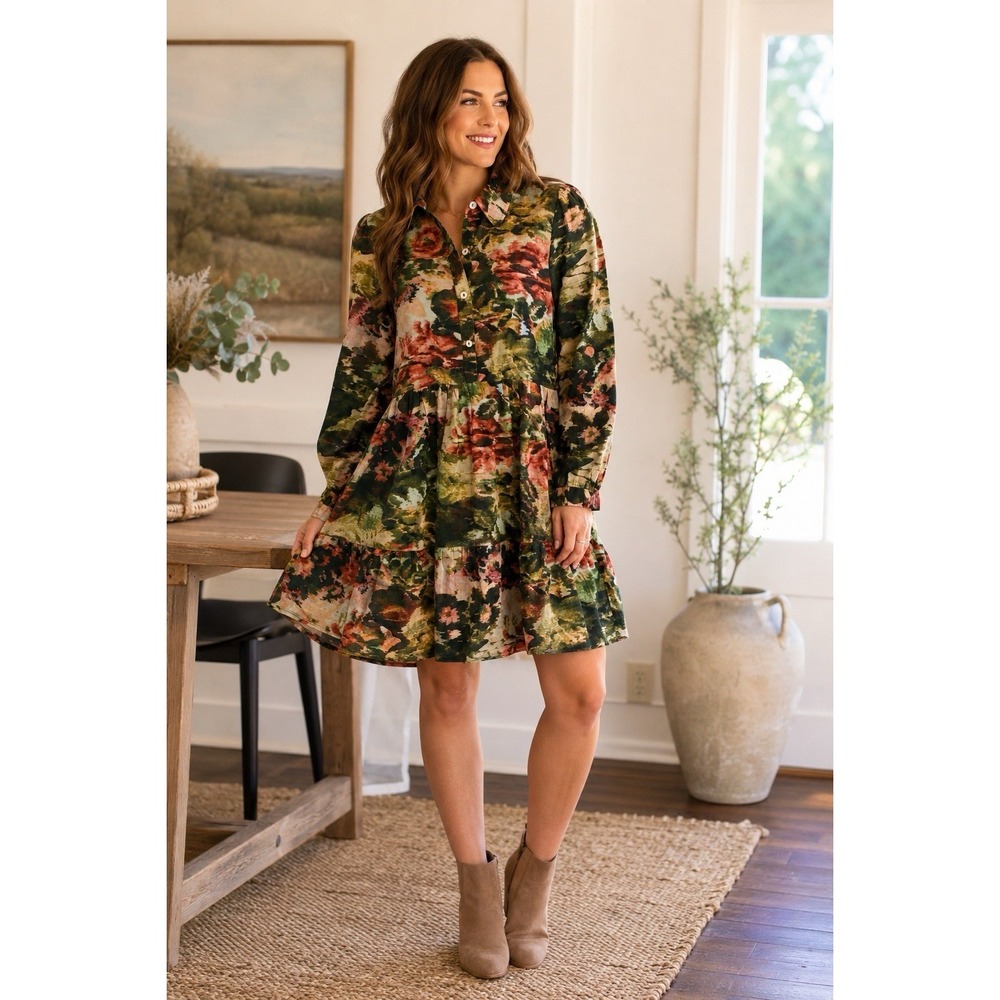 Ro's Garden Anthropologie Floral Tiered Mini Dress S Cottagecore Button Front